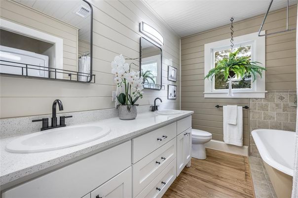 Bathroom, Dual Sink Vanities, Interior, Wood Texture Flooring