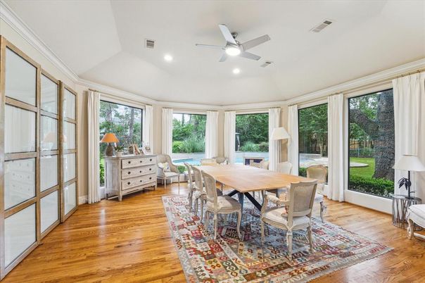 Dining room, Interior, Recessed Lighting, Wood Texture Flooring