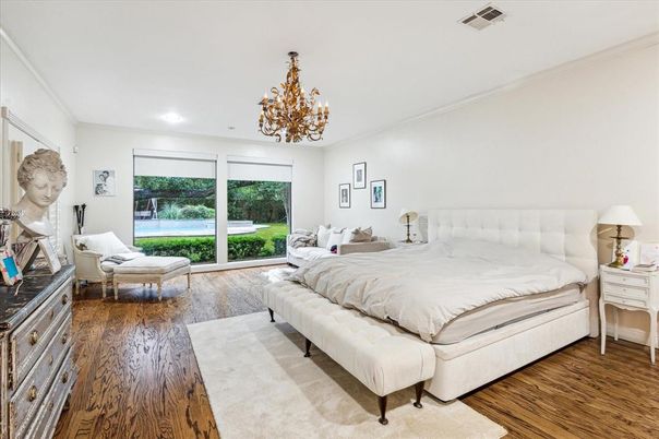 Bedroom, Chandelier, Interior, Recessed Lighting, Wood Texture Flooring