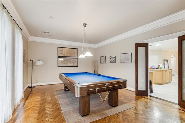 Billiard Table, Game Room, Interior, Pendant Lights, Wood Texture Flooring