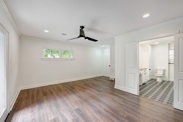 Bathroom, Empty room, Interior, Recessed Lighting, Wood Texture Flooring