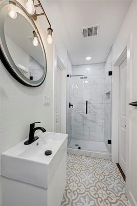Bathroom, Glass Shower, Interior, Marble Walls, Recessed Lighting