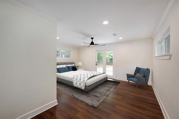 Bedroom, Interior, Recessed Lighting, Wood Texture Flooring