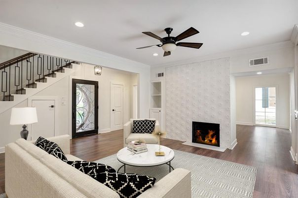 Fireplace, Interior, Living room, Recessed Lighting, Wood Texture Flooring