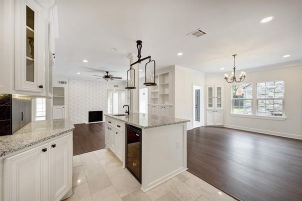Chandelier, Interior, Kitchen, Recessed Lighting, Wood Texture Flooring