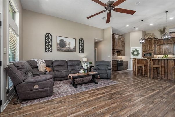 Interior, Kitchen, Living room, Pendant Lights, Recessed Lighting, Stainless Steel Appliances, Wood Texture Flooring