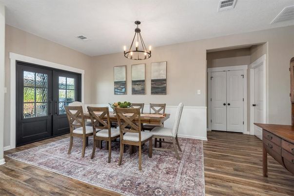 Chandelier, Dining room, Interior, Wood Texture Flooring