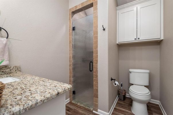 Bathroom, Glass Shower, Interior, Wood Texture Flooring