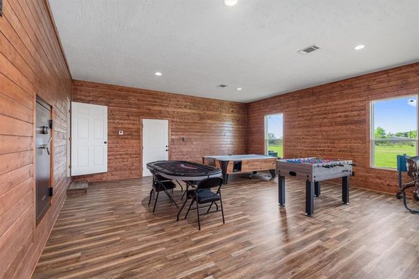 Game Room, Interior, Recessed Lighting, Wood Texture Flooring, Wooden Walls