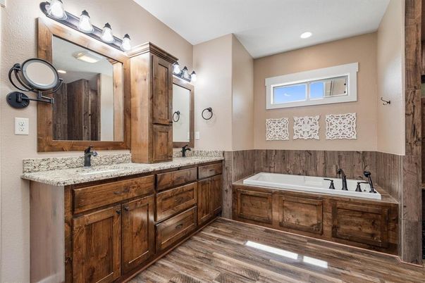 Bathroom, Dual Sink Vanities, Interior, Recessed Lighting, Wood Texture Flooring