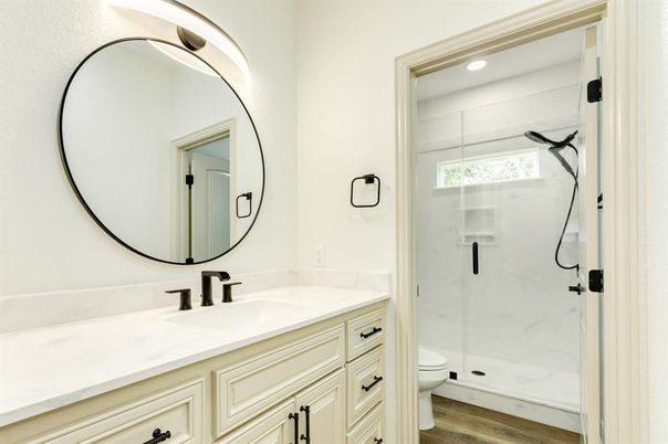 Bathroom, Glass Shower, Interior, Recessed Lighting, Wood Texture Flooring
