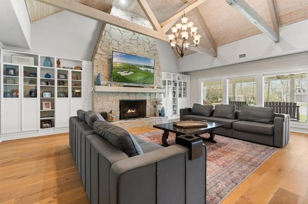 Chandelier, Fireplace, Interior, Living room, Stone Walls, Wooden Beams, Wooden Ceilings, Wood Texture Flooring