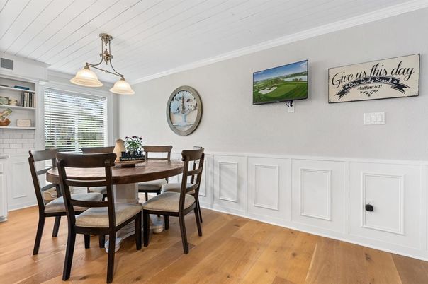 Dining room, Interior, Pendant Lights, Wood Texture Flooring