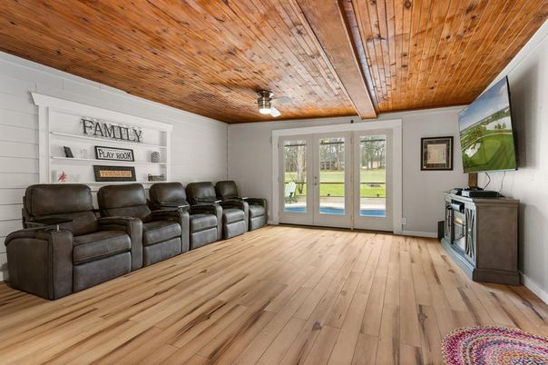 Home Theatre Room, Interior, Wooden Ceilings, Wood Texture Flooring