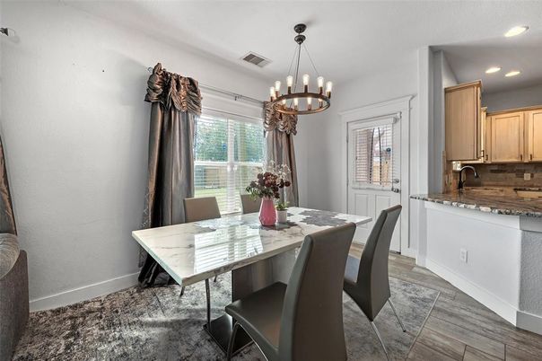 Chandelier, Dining room, Interior, Recessed Lighting, Wood Texture Flooring