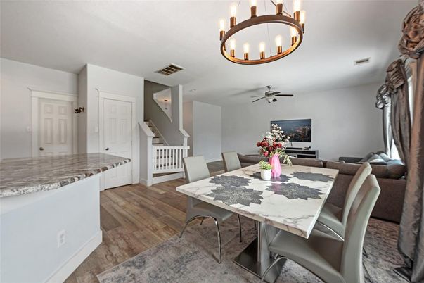 Chandelier, Dining room, Interior, Wood Texture Flooring