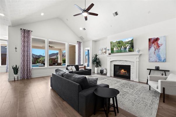 Fireplace, Interior, Living room, Recessed Lighting, Wood Texture Flooring