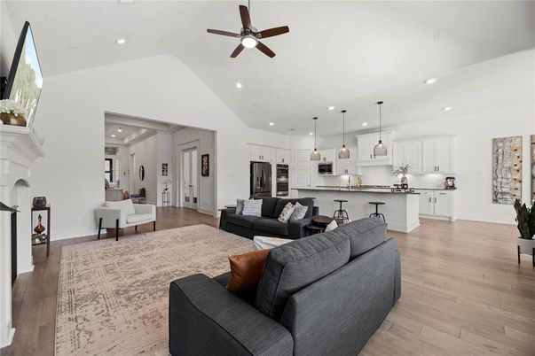 Fireplace, Interior, Kitchen, Living room, Pendant Lights, Recessed Lighting, Wood Texture Flooring