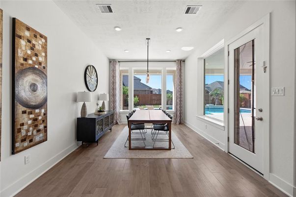 Dining room, Interior, Recessed Lighting, Wood Texture Flooring