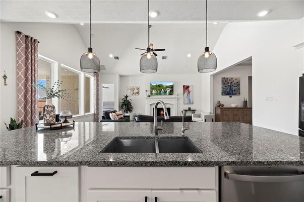Fireplace, Interior, Kitchen, Living room, Pendant Lights, Recessed Lighting
