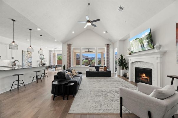 Fireplace, Interior, Kitchen, Living room, Pendant Lights, Recessed Lighting, Wood Texture Flooring