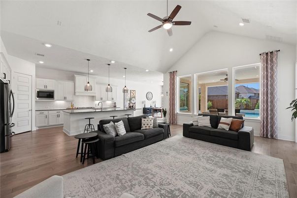 Interior, Kitchen, Living room, Pendant Lights, Recessed Lighting, Stainless Steel Appliances, Wood Texture Flooring