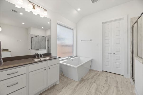 Bathroom, Dual Sink Vanities, Free Standing Baths, Interior, Recessed Lighting