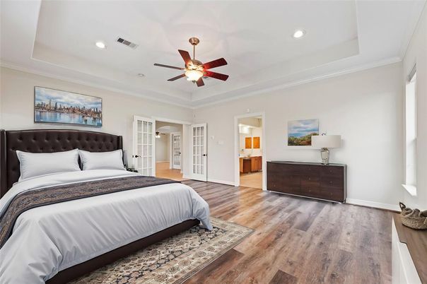 Bedroom, Interior, Recessed Lighting, Wood Texture Flooring