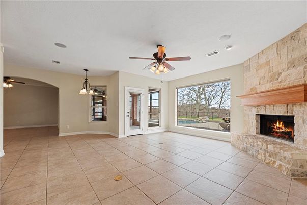 Empty room, Fireplace, Interior, Pendant Lights, Stone Walls