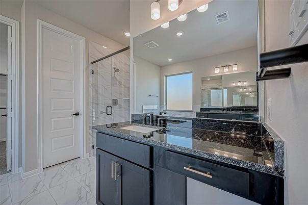 Bathroom, Dual Sink Vanities, Glass Shower, Interior, Marble, Recessed Lighting