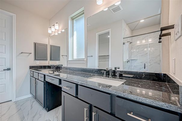 Bathroom, Dual Sink Vanities, Glass Shower, Interior, Marble, Marble Walls, Recessed Lighting