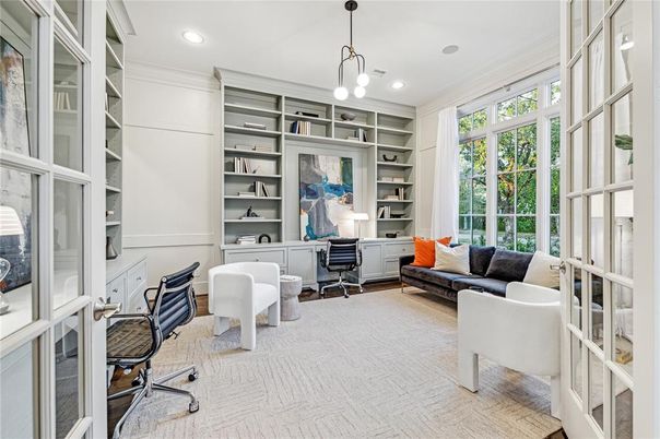 Home Office, Interior, Pendant Lights, Recessed Lighting, Wood Texture Flooring