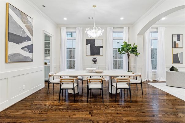 Dining room, Interior, Pendant Lights, Recessed Lighting, Wood Texture Flooring