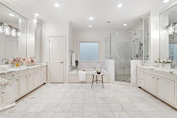 Bathroom, Dual Sink Vanities, Glass Shower, Interior, Marble, Marble Walls, Recessed Lighting