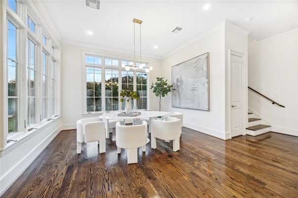 Dining room, Interior, Pendant Lights, Recessed Lighting, Wood Texture Flooring