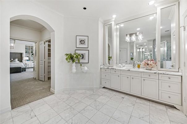Bathroom, Bedroom, Dual Sink Vanities, Interior, Marble, Recessed Lighting