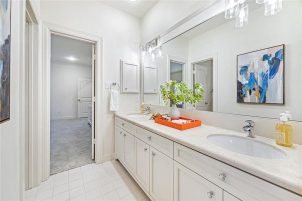 Bathroom, Dual Sink Vanities, Interior, Recessed Lighting, Tile Countertops