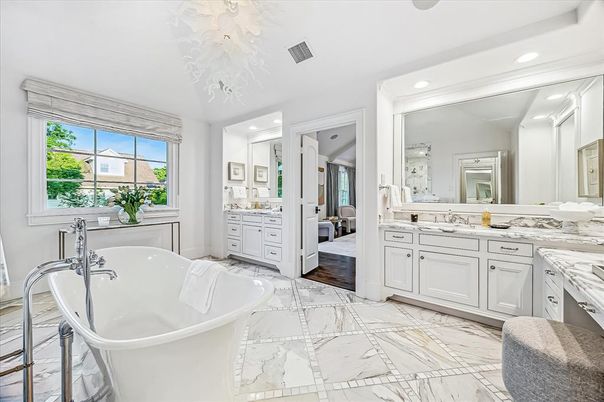 Bathroom, Dual Sink Vanities, Free Standing Baths, Interior, Marble, Recessed Lighting