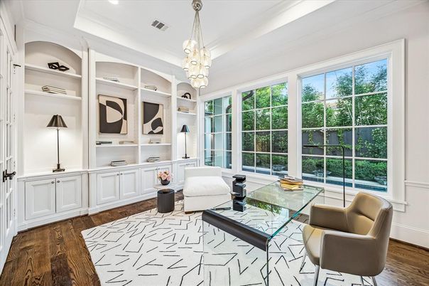 Chandelier, Home Office, Interior, Recessed Lighting, Wood Texture Flooring