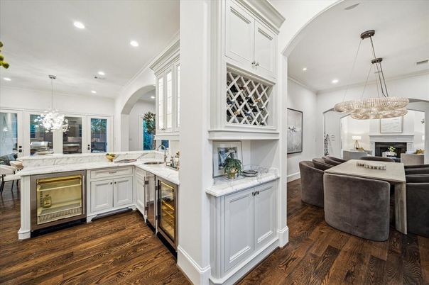 Fireplace, Interior, Kitchen, Pendant Lights, Recessed Lighting, Stainless Steel Appliances, Wood Texture Flooring