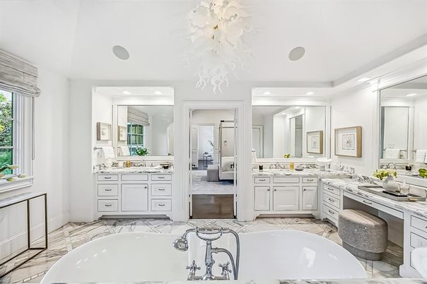 Bathroom, Dual Sink Vanities, Interior, Marble, Recessed Lighting