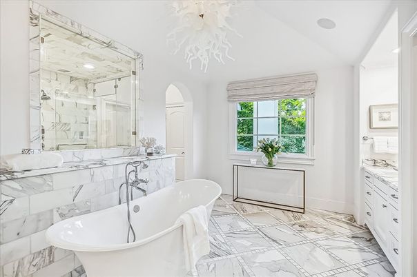 Bathroom, Free Standing Baths, Glass Shower, Interior, Marble, Marble Walls, Recessed Lighting