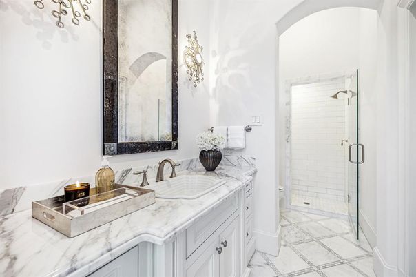 Bathroom, Dual Sink Vanities, Glass Shower, Interior, Marble