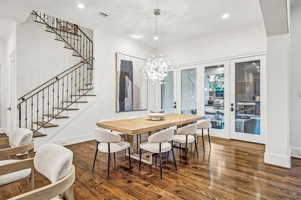 Dining room, Interior, Pendant Lights, Recessed Lighting, Wood Texture Flooring