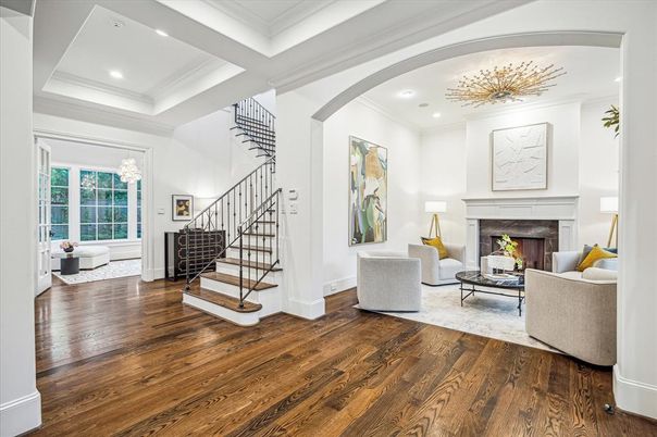 Fireplace, Interior, Living room, Recessed Lighting, Wood Texture Flooring
