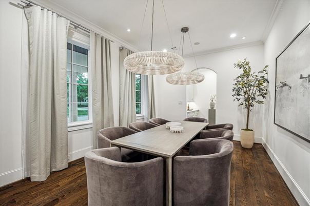 Dining room, Interior, Pendant Lights, Recessed Lighting, Wood Texture Flooring