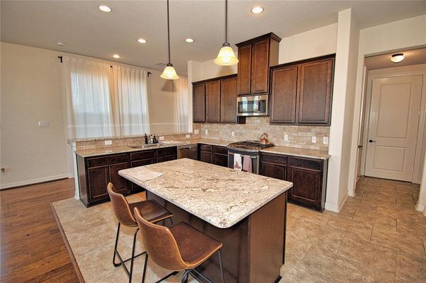 Interior, Kitchen, Pendant Lights, Recessed Lighting, Wood Texture Flooring