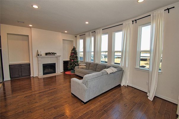 Fireplace, Interior, Living room, Recessed Lighting, Wood Texture Flooring