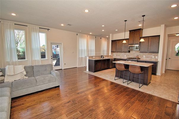 Interior, Kitchen, Living room, Pendant Lights, Recessed Lighting, Wood Texture Flooring