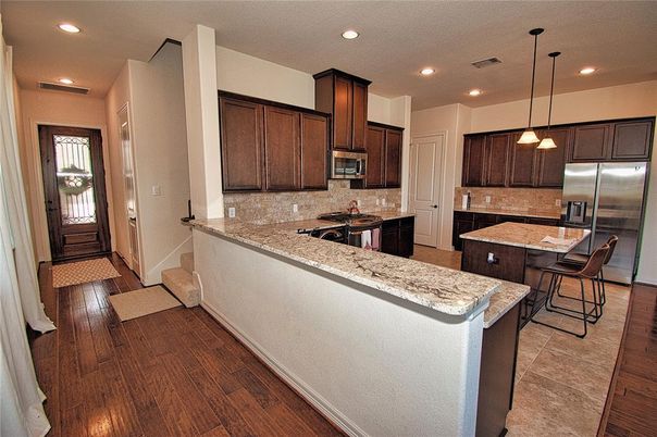 Interior, Kitchen, Pendant Lights, Recessed Lighting, Stainless Steel Appliances, Wood Texture Flooring